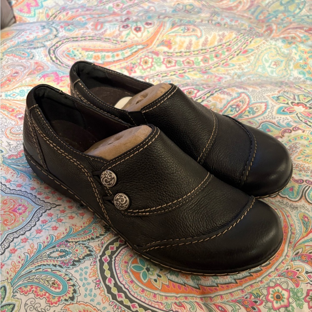 Clarks Black Leather Slip-On Shoes